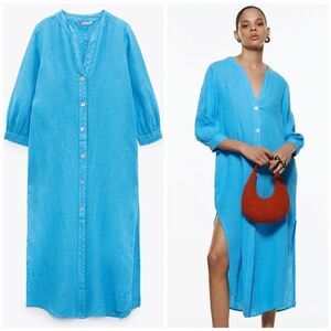 Zara 100% Linen Dress Midi Blue Pockets Vents New